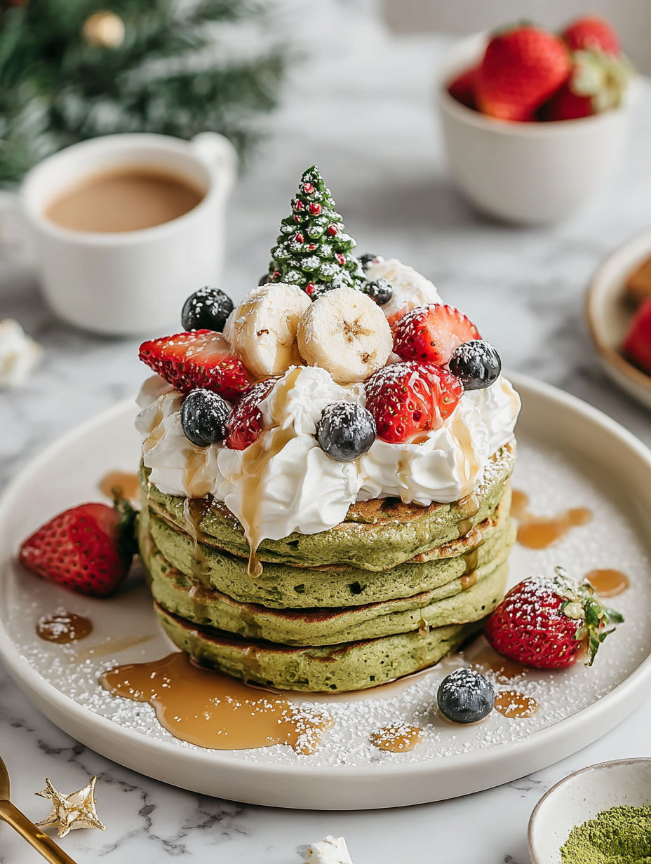 A stack of pancakes with fruit on top.