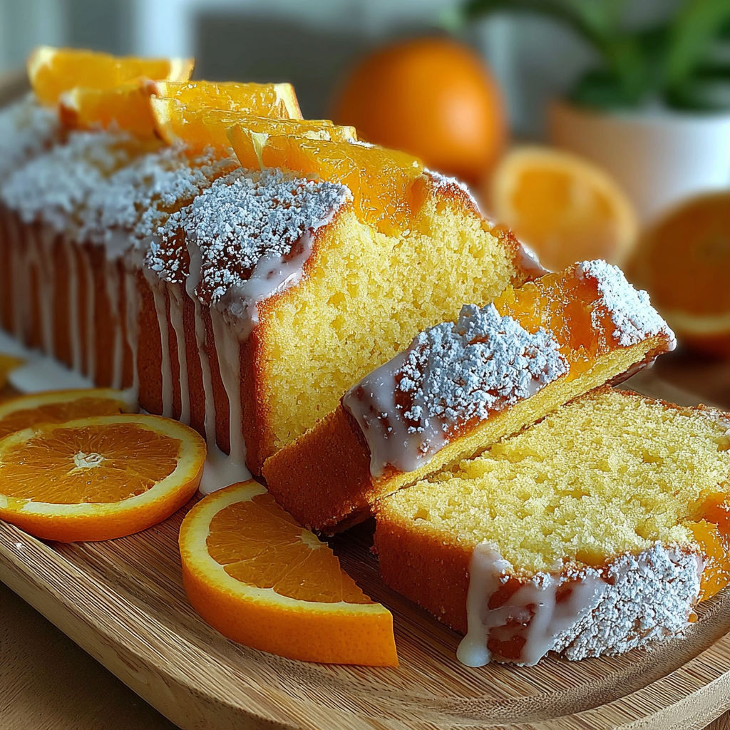 A slice of orange pound cake with powdered sugar on top.
