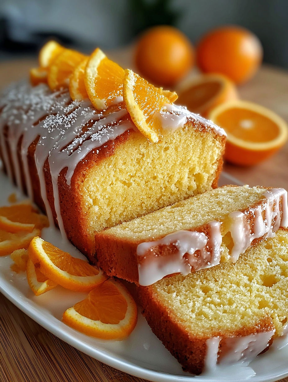A slice of orange pound cake with a drizzle of icing.