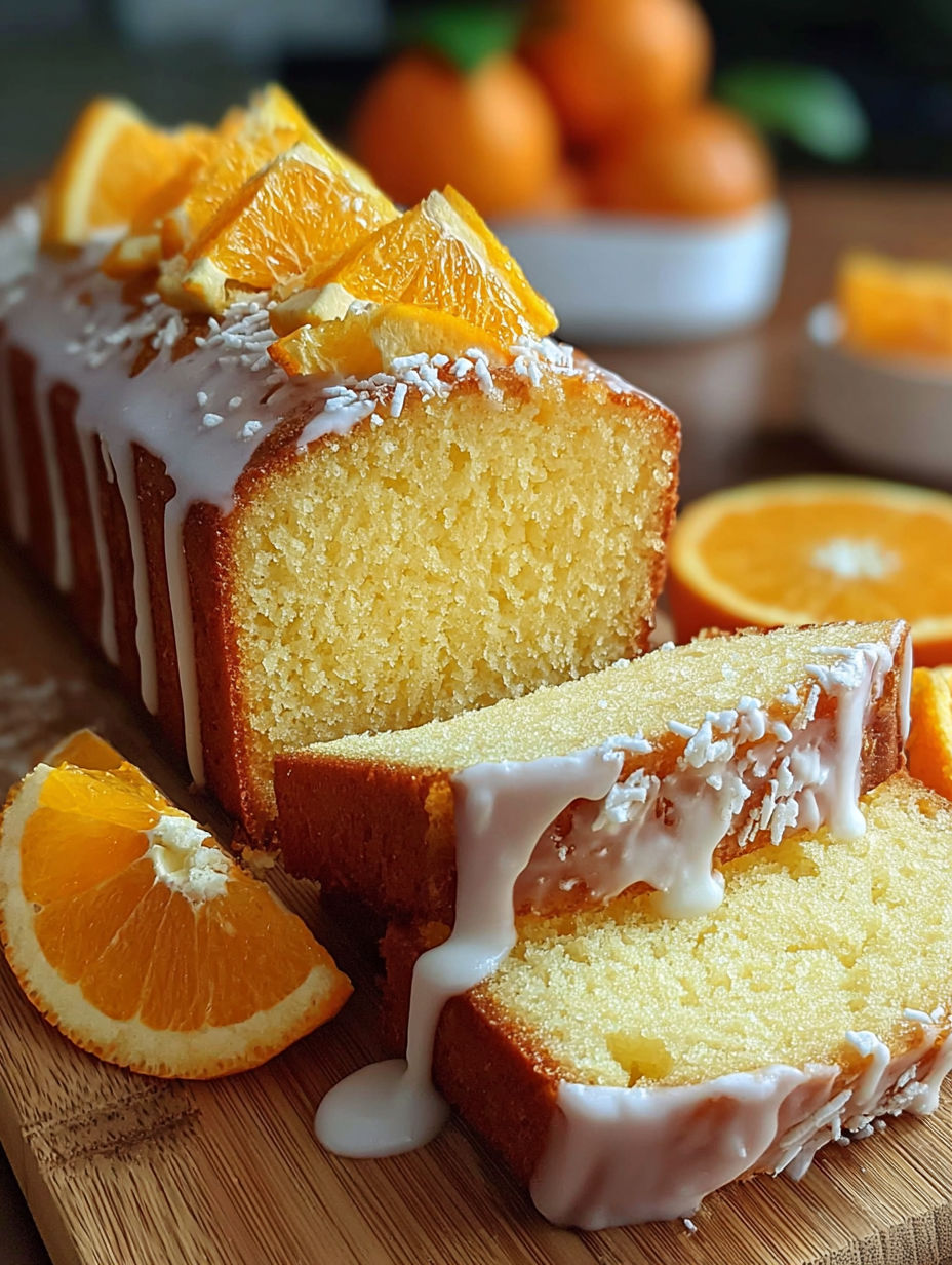 A slice of orange pound cake with white icing.