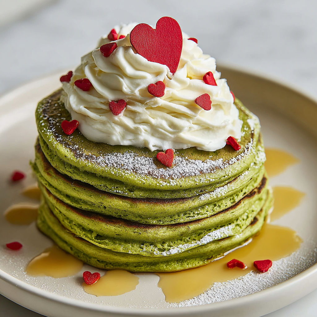 Grinch pancakes with white whip and red hearts.