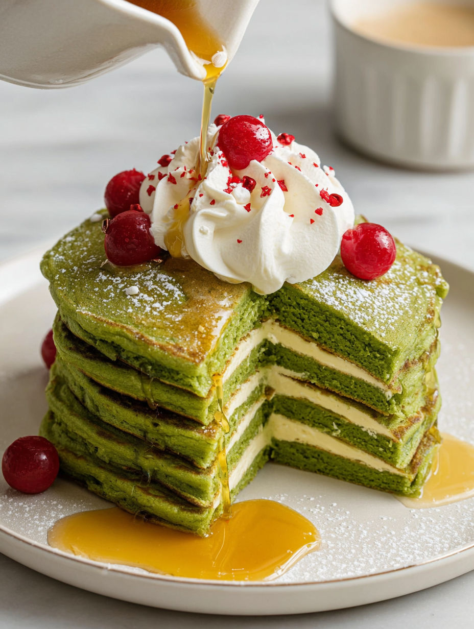 Grinch pancakes with whipped cream and berries.