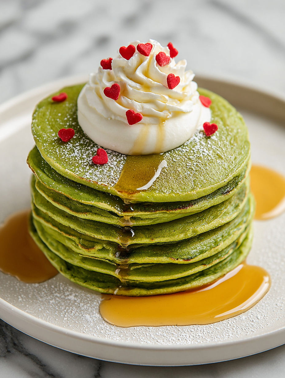 Grinch pancakes with whipped cream and syrup.