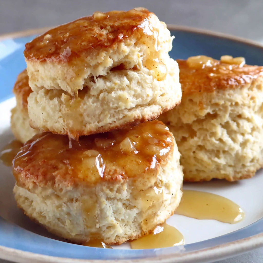 Three biscuits with honey butter glaze on a plate.