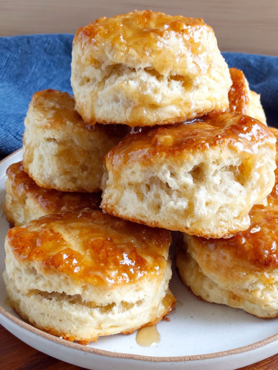 A stack of biscuits with honey butter glaze.