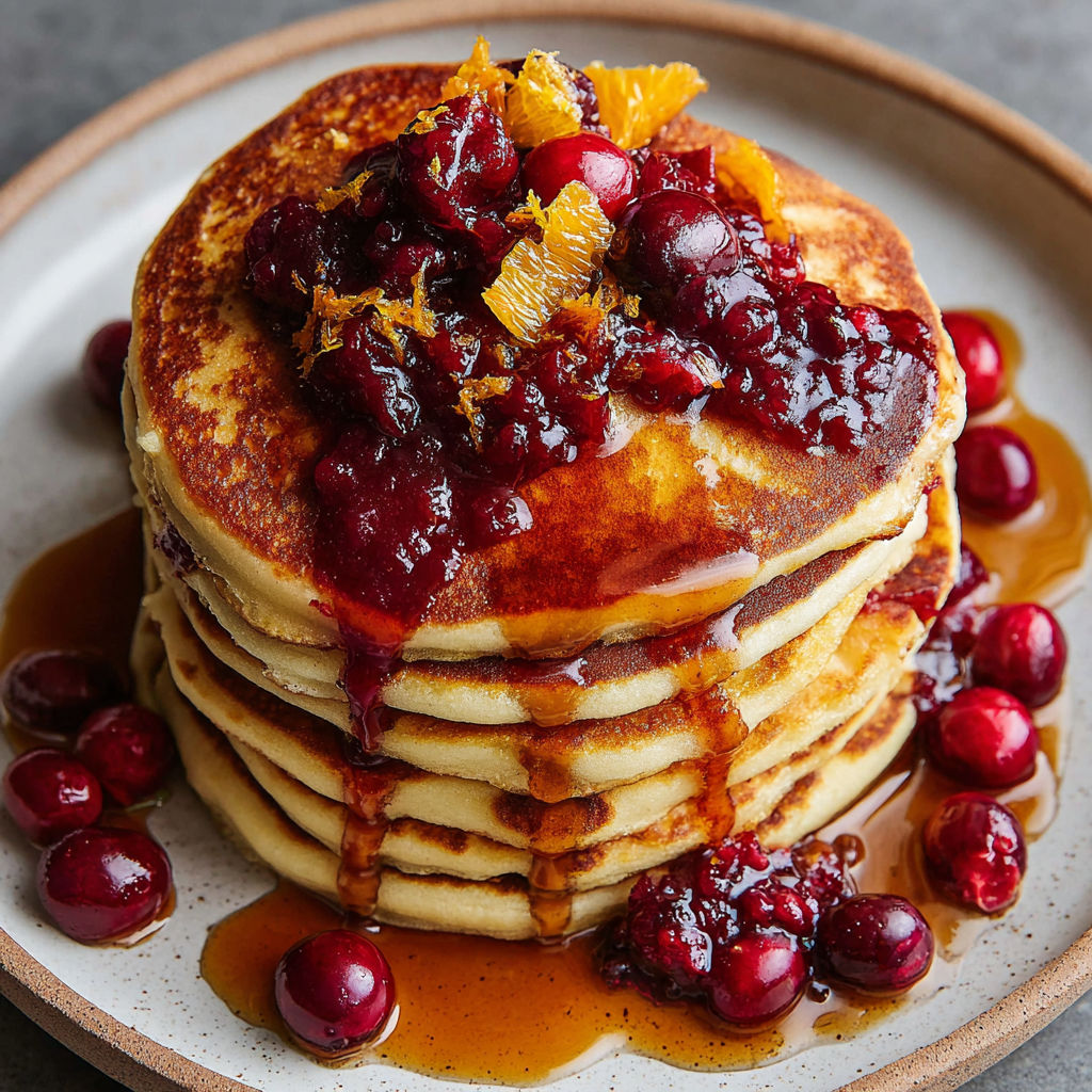 A stack of pancakes with cranberry and orange toppings.