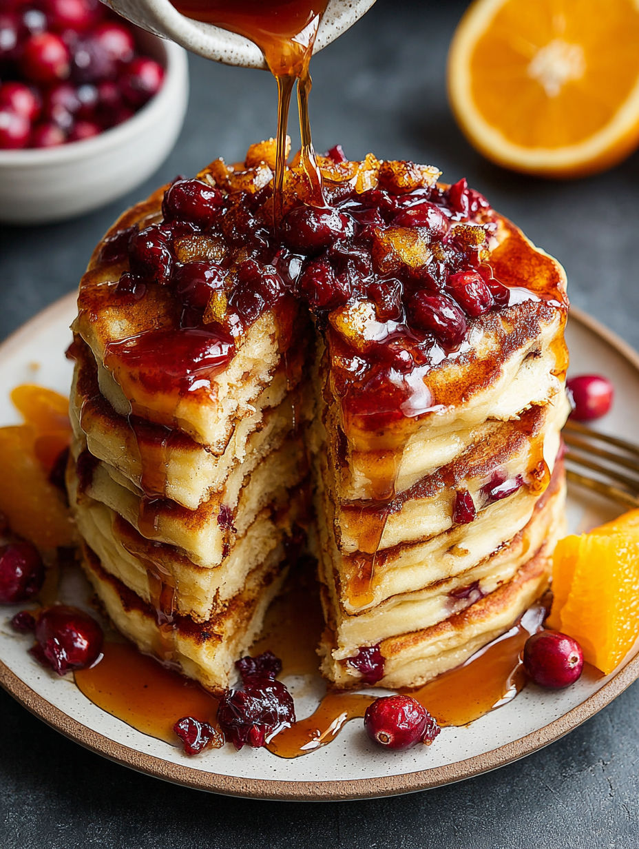 A stack of cranberry orange buttermilk pancakes.