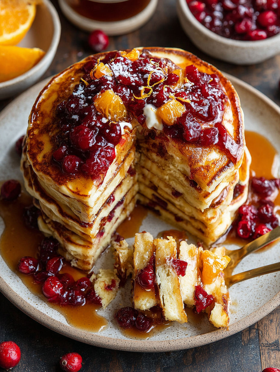 A stack of Cranberry Orange Buttermilk Pancakes.
