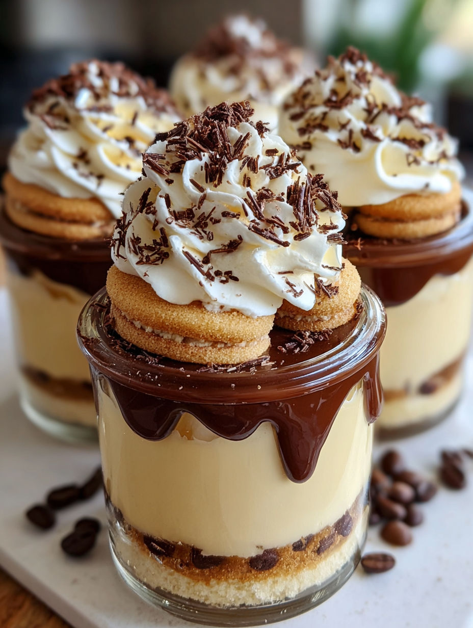 A dessert with white whip cream and chocolate drizzle.