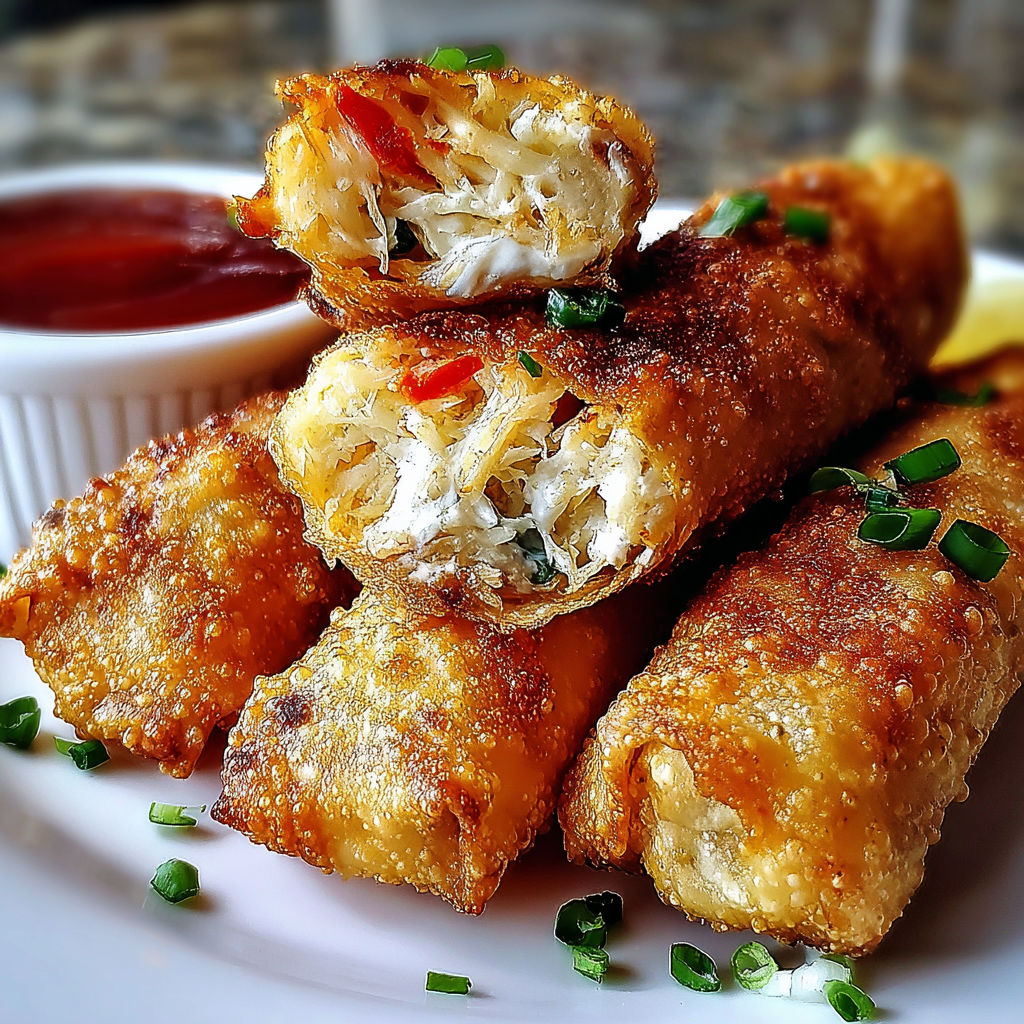 Crispy crab cake egg rolls on a plate.