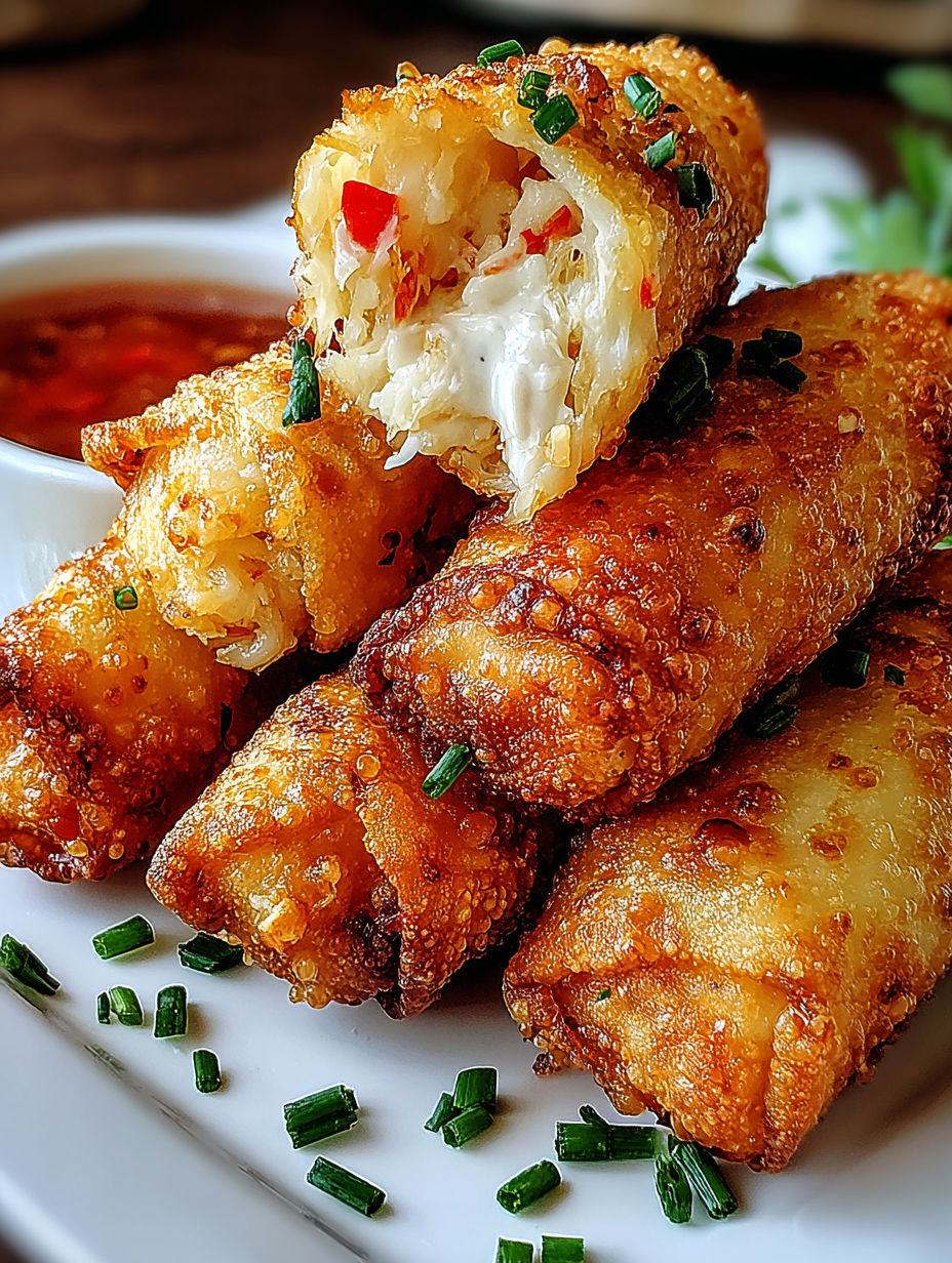Crispy crab cake egg rolls on a plate.