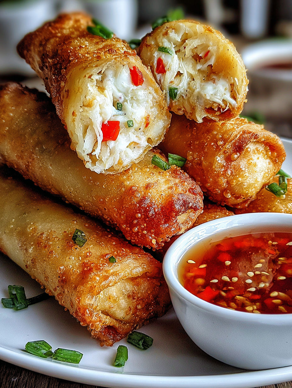 A plate of crispy crab cake egg rolls.