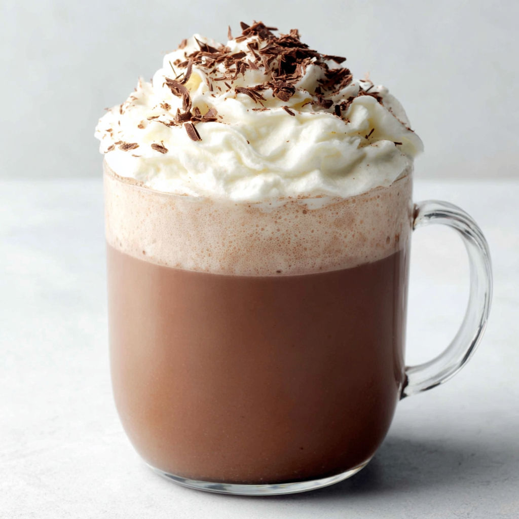 A cup of peppermint hot chocolate with whipped cream.