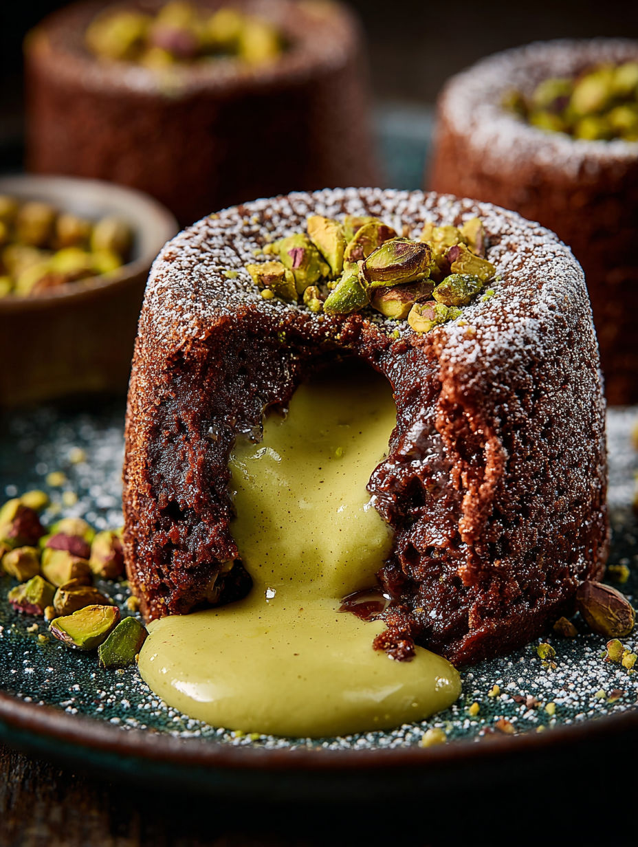 A close up of a pistachio chocolate lava cake.