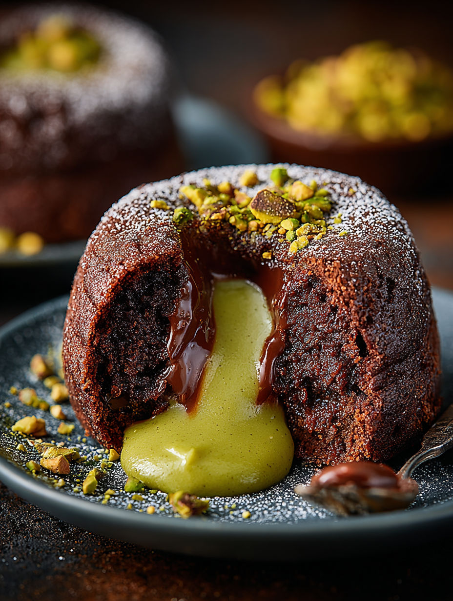 A chocolate cake with pistachio topping.