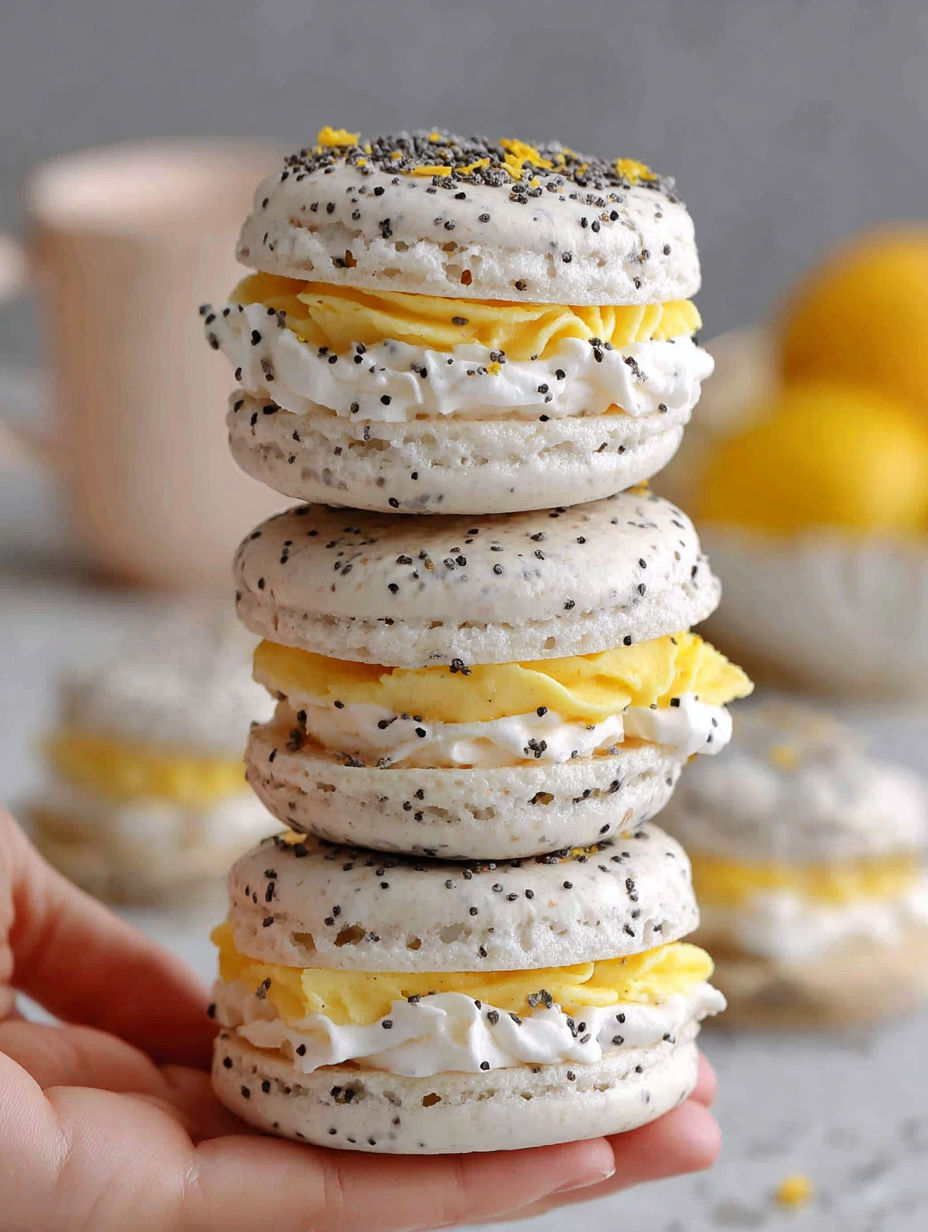 A stack of lemon poppy seed meringue sandwiches.
