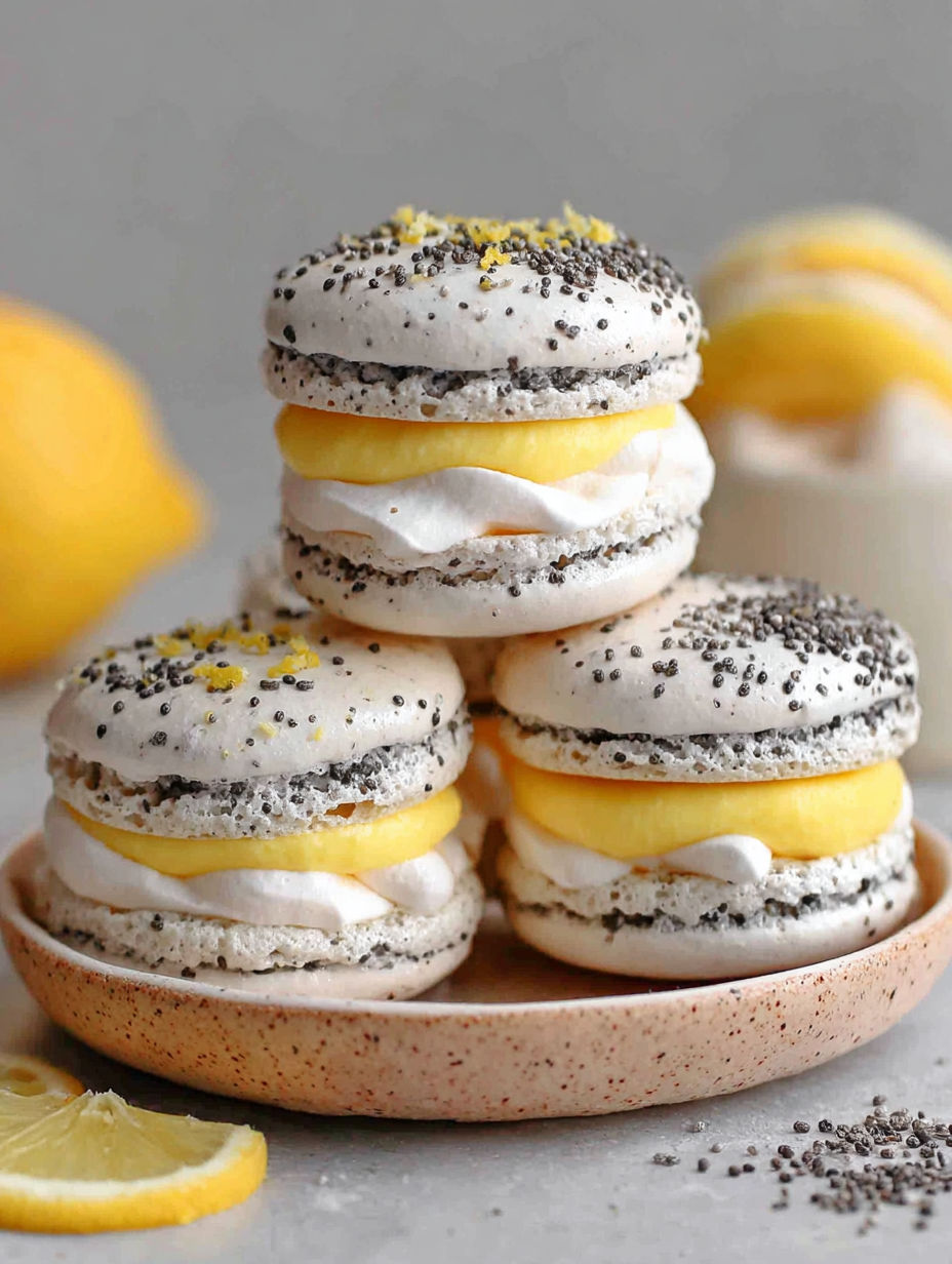 A stack of lemon poppy seed meringue sandwiches.