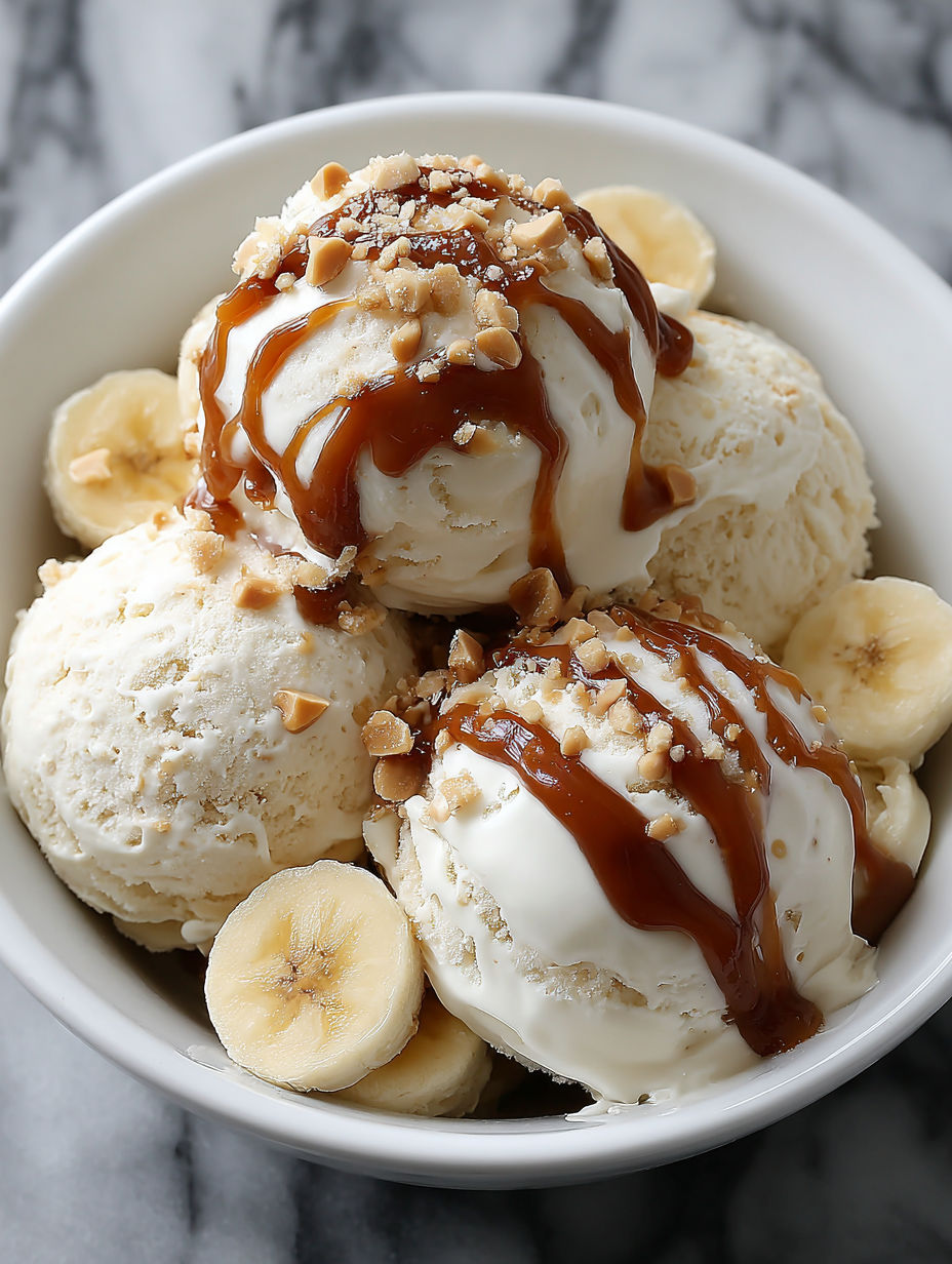 Banana protein ice cream with caramel drizzle.
