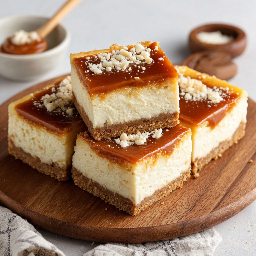 Miso Caramel Cheesecake Bars on a wooden platter.