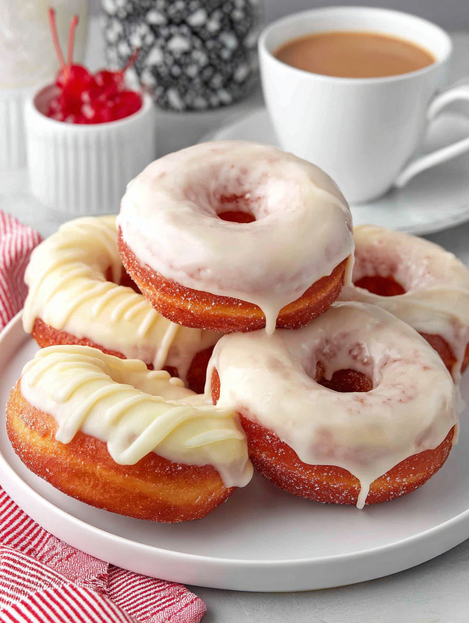 A plate of donuts with white frosting and red berries.