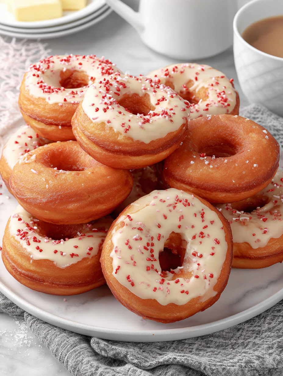 A plate of donuts with white frosting and red sprinkles.