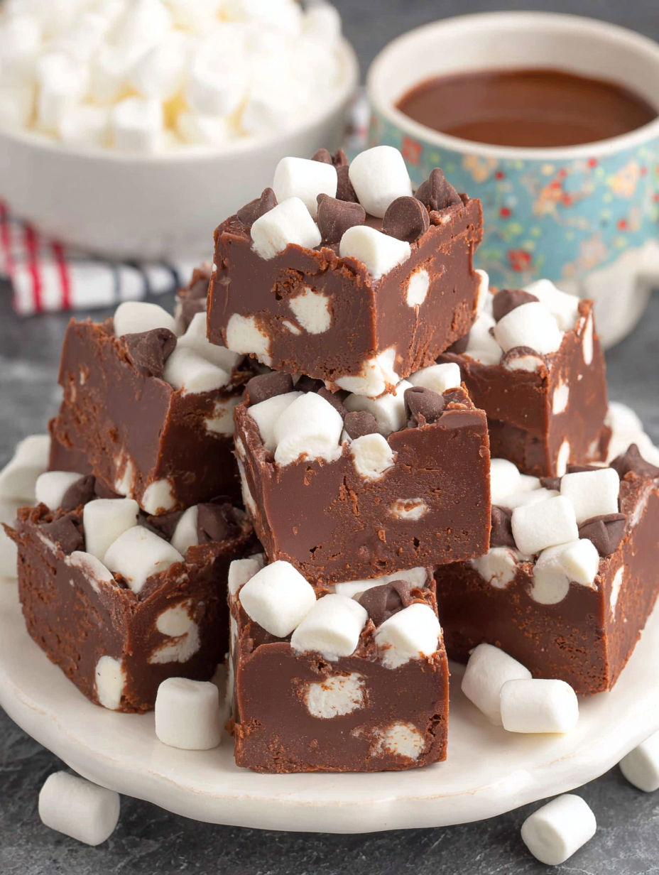 A stack of chocolate fudge with marshmallows on top.