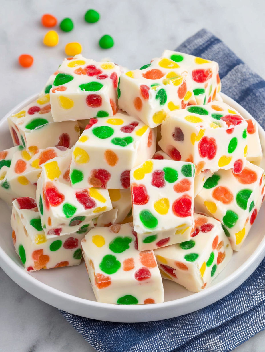 A plate of colorful gumdrop nougat candy.