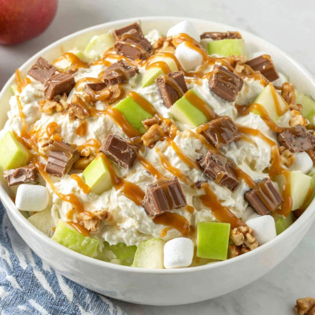 A bowl of Snickers Caramel Apple Salad.