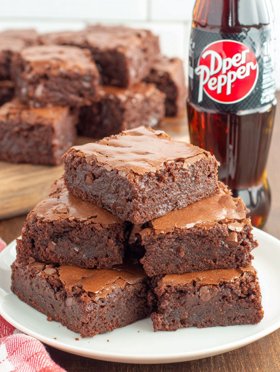 A stack of brownies with Dr Pepper in the background.