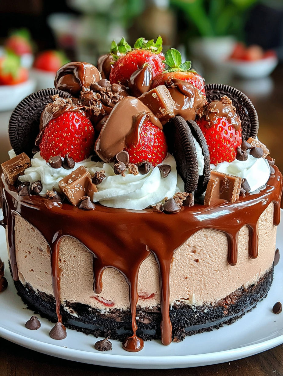 A delicious double chocolate strawberry cheesecake delight.