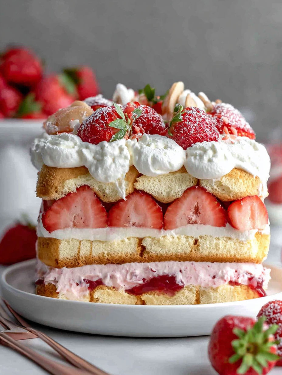 A slice of strawberry shortcake tiramisu.