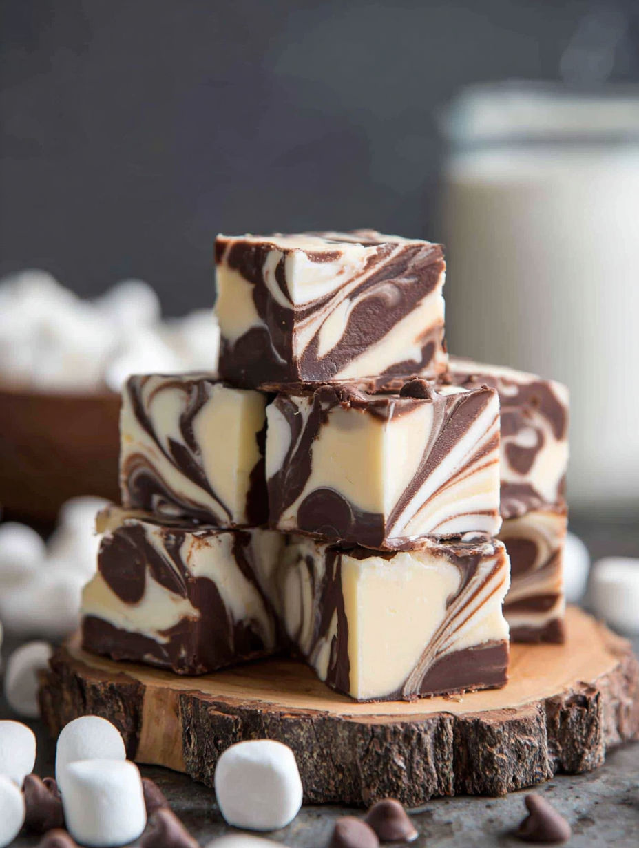Marshmallow swirl fudge on a wooden block.