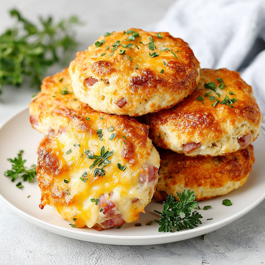 A stack of savory ham and cheese biscuits.