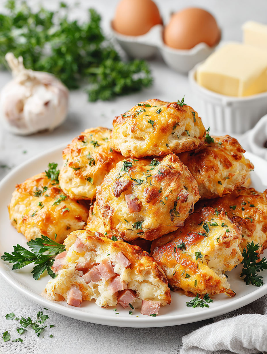 A plate of ham and cheese biscuits.