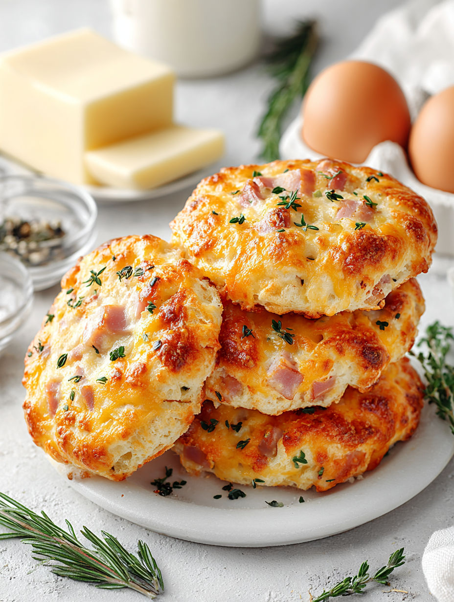 A stack of savory ham and cheese biscuits.