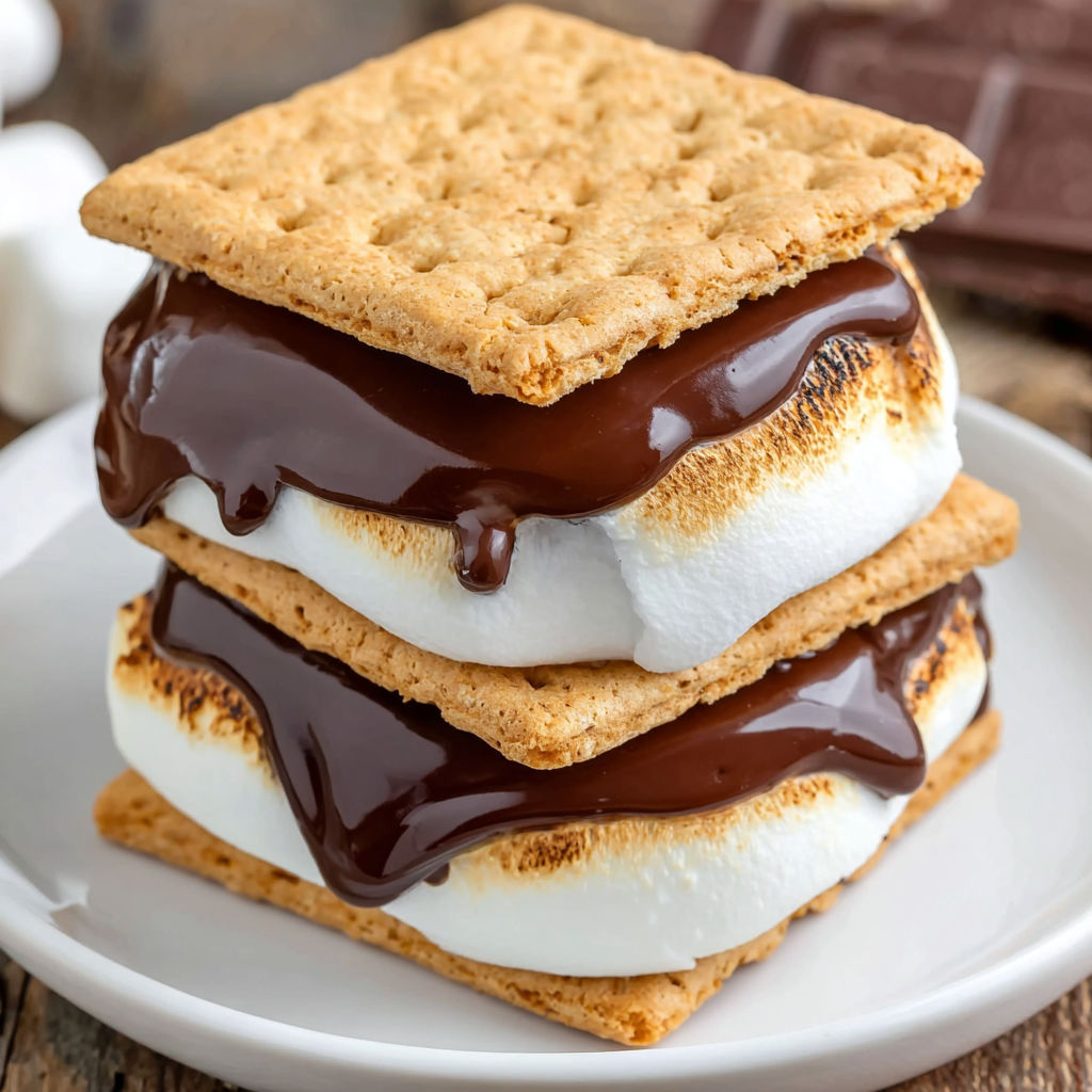 A stack of s'mores with chocolate drizzled on top.