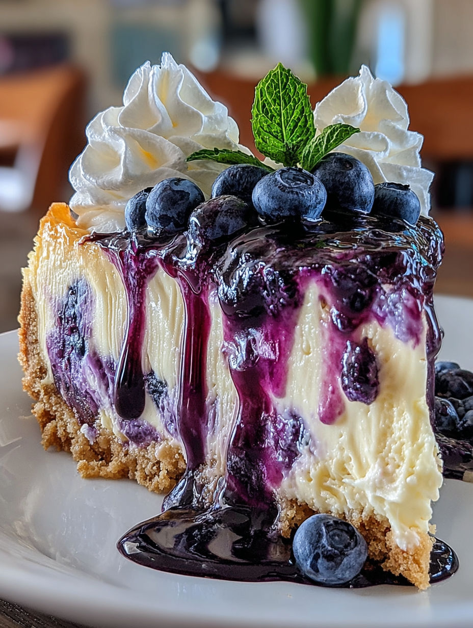 A slice of white chocolate blueberry cheesecake.