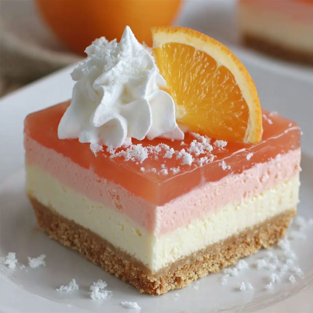 A slice of orange creamsicle dream bar with white whipped cream on top.