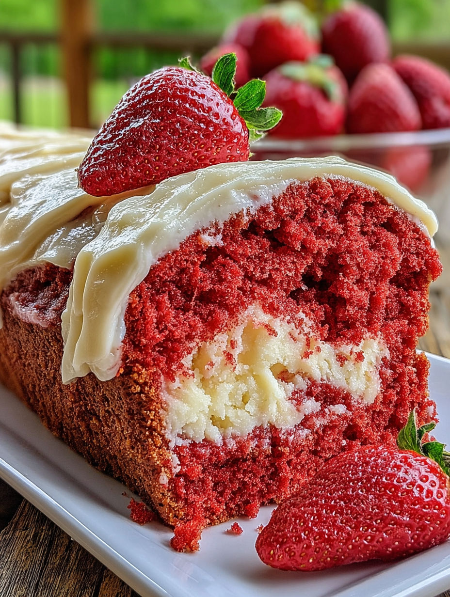 A slice of red velvet cake with white frosting and strawberries on top.