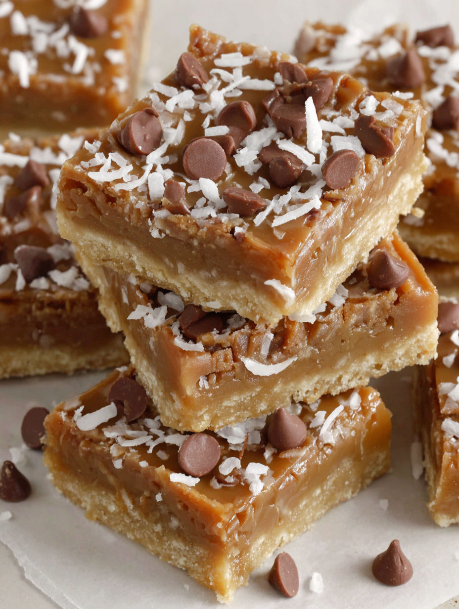 A stack of caramel coconut bars.
