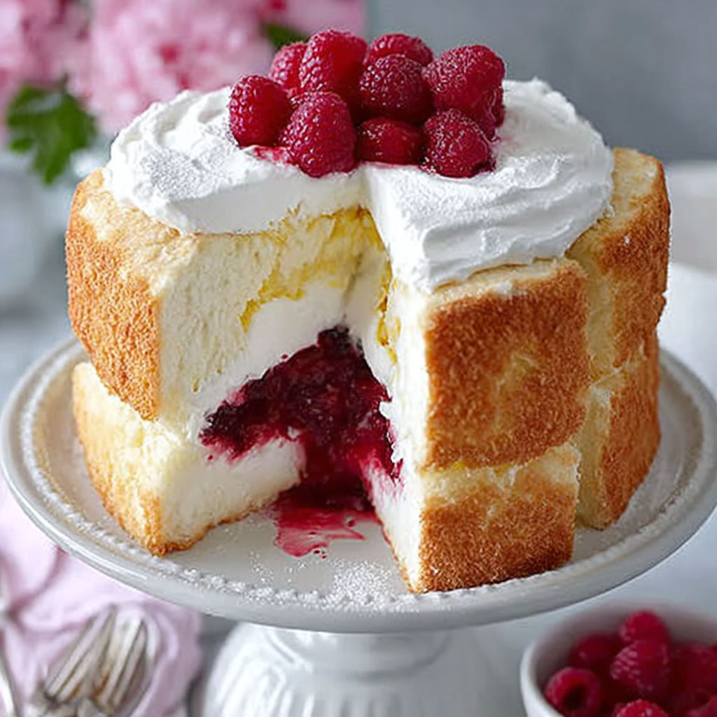 A slice of homemade raspberry and cream angel food cake.