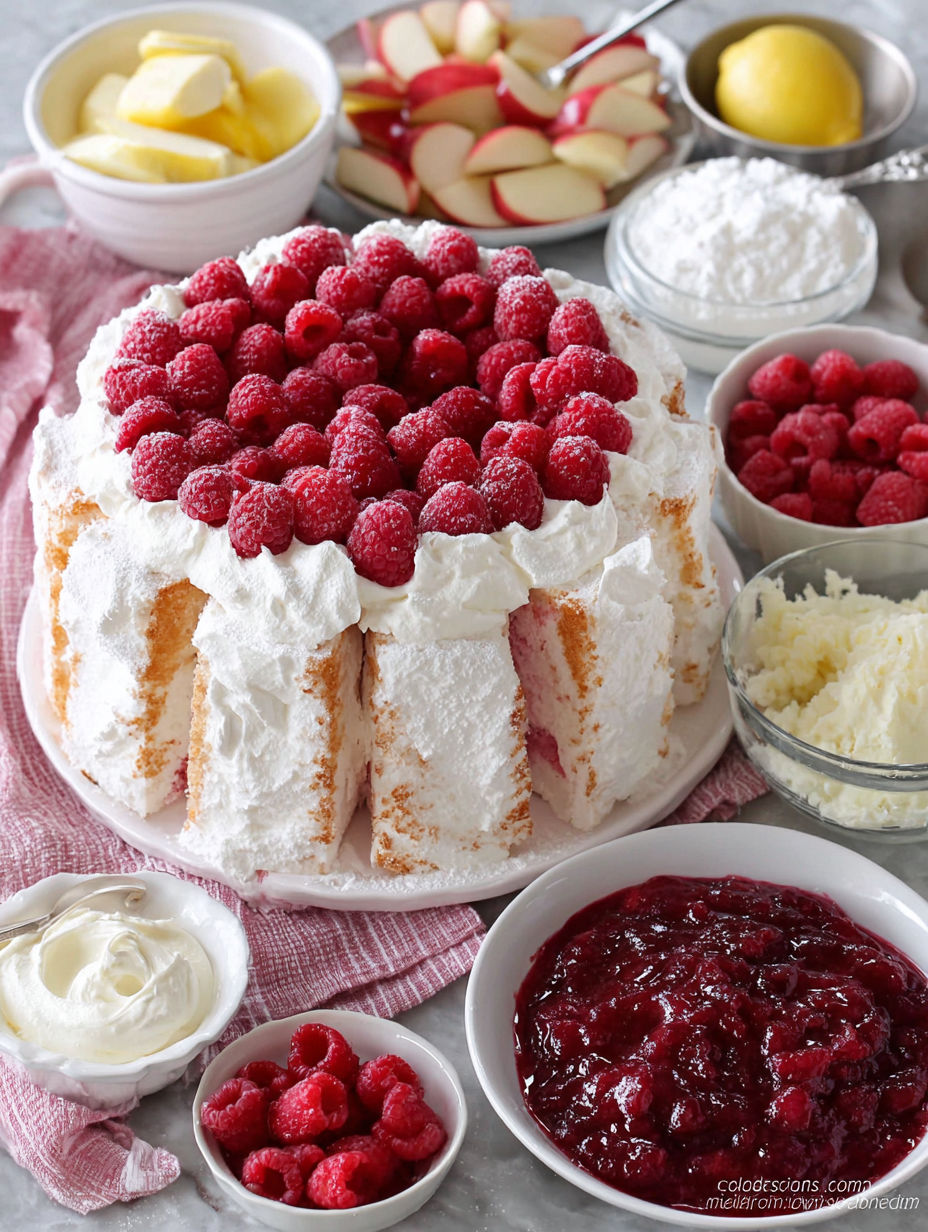 A homemade raspberry and cream angel food cake.