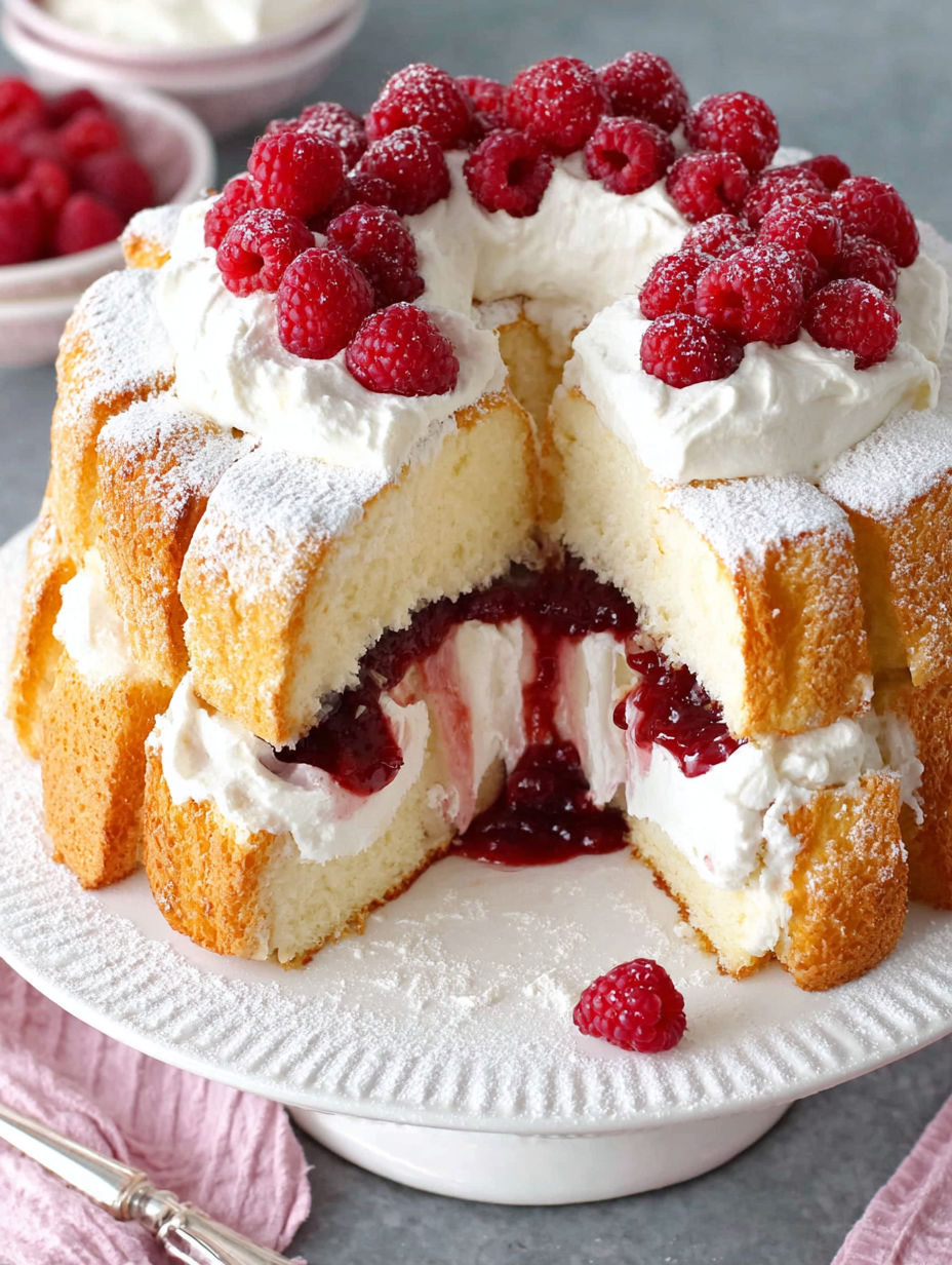 A slice of homemade raspberry and cream angel food cake.