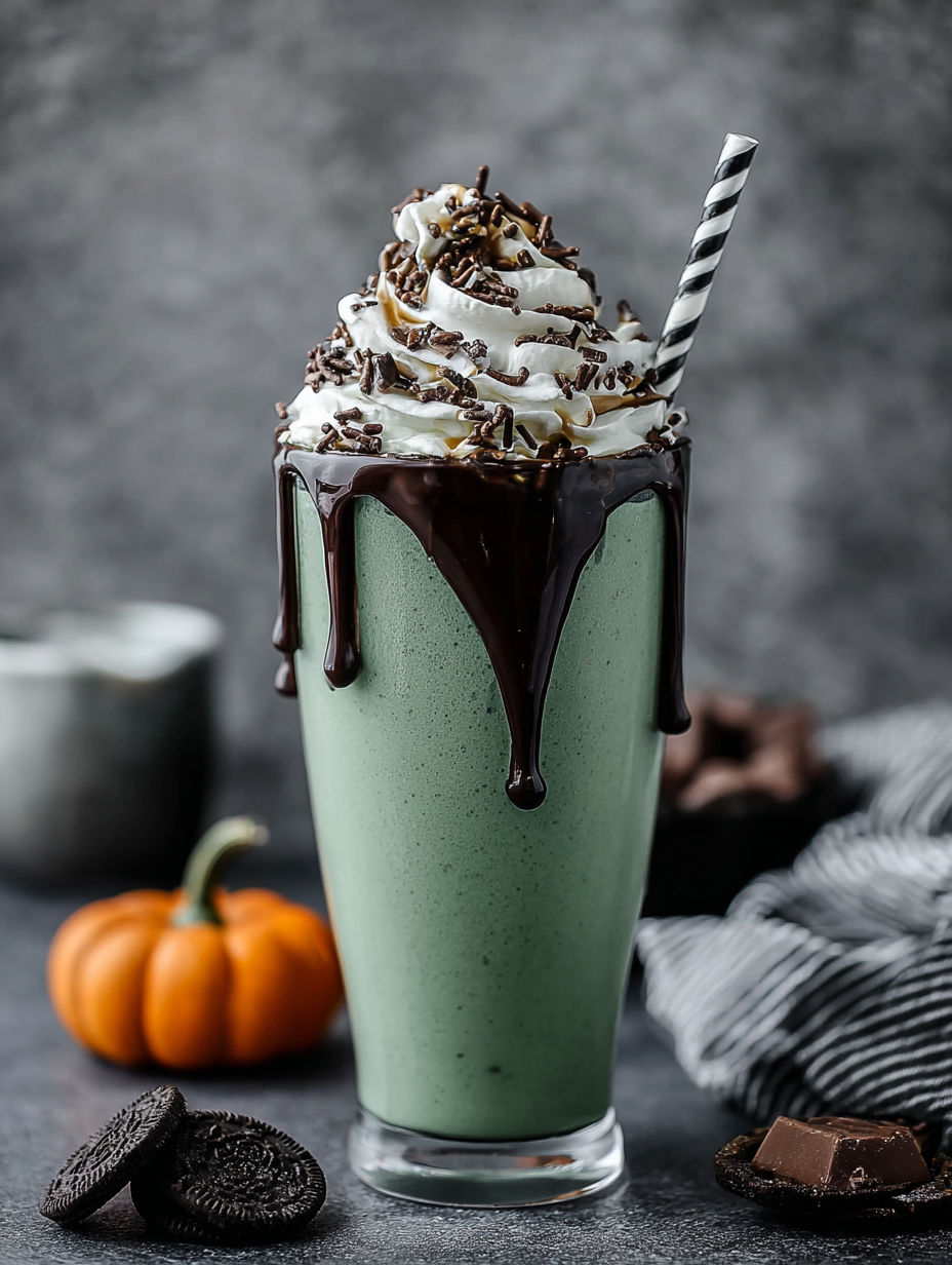 A green glass with a chocolate milkshake in it.