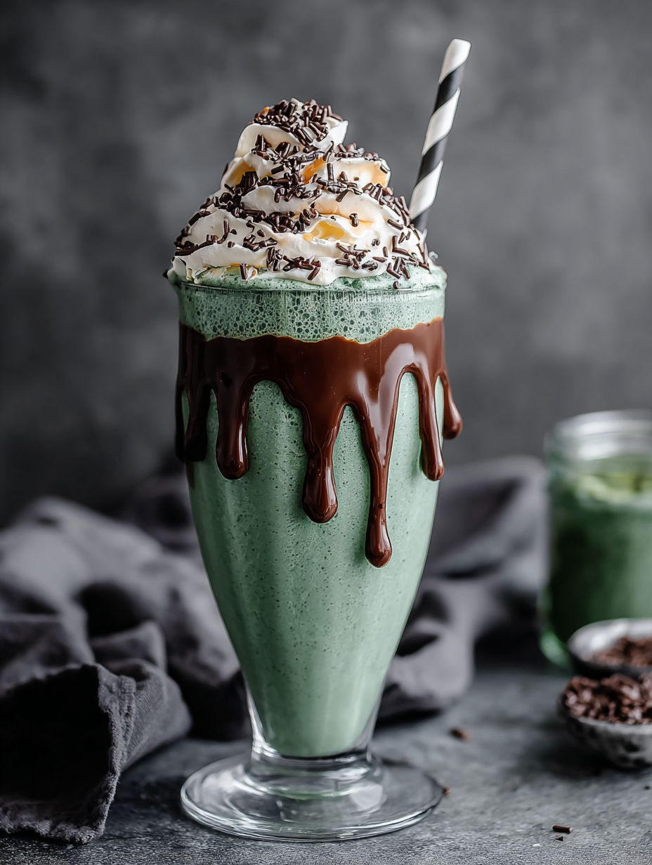 A glass of Witch's Brew Mint Chocolate Milkshake.