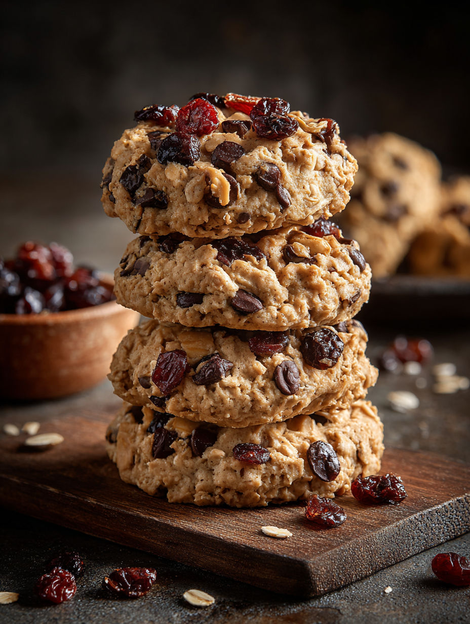 A stack of cookies with raisins on top.