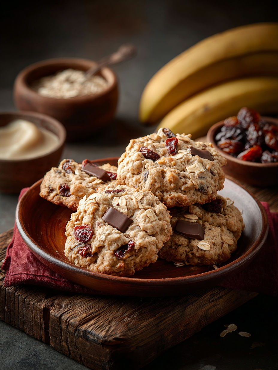 A plate of cookies with chocolate chips and raisins.