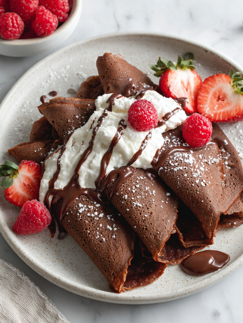A plate of chocolate crepes with whipped cream and strawberries.