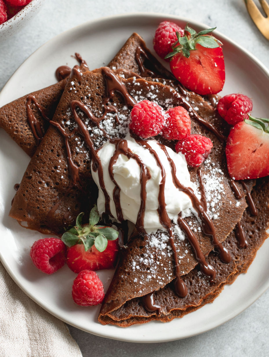 A plate of chocolate crepes with white whipped cream and raspberries.