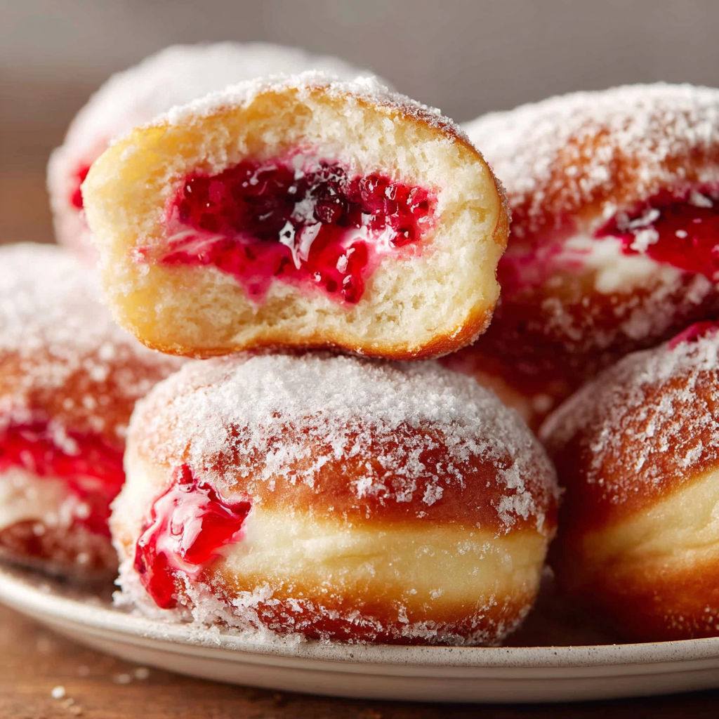 A plate of donuts with raspberry cheesecake filling.